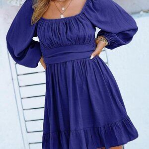 DOKOTOO Women's  Lantern Sleeve Square Neck Tie Backless Sexy Dress Sz: M Blue